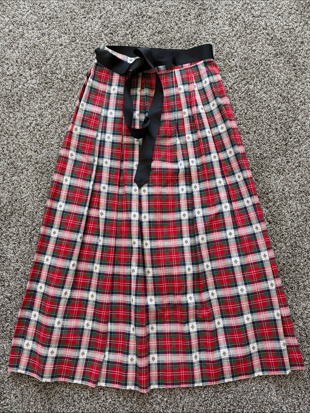 Susan Bristol Red Plaid Midi Skirt with Black Waist Tie